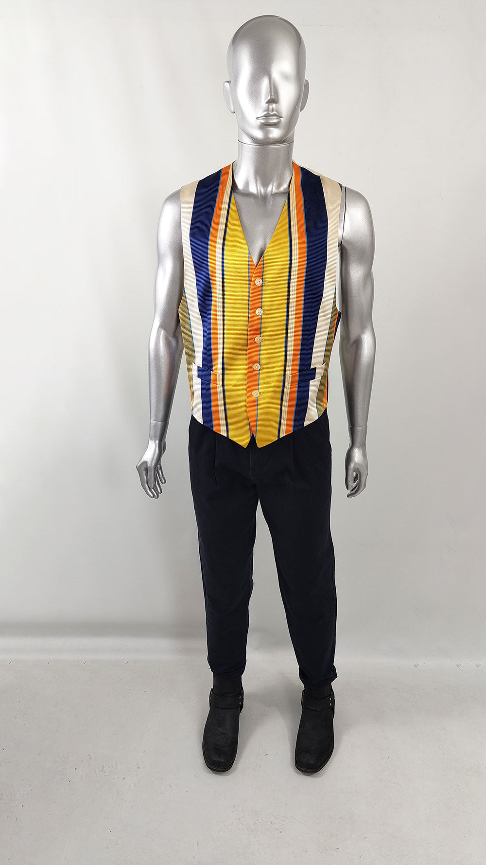 A vintage Kenzo vest for men from the 90s in a blue, orange and cream silk.