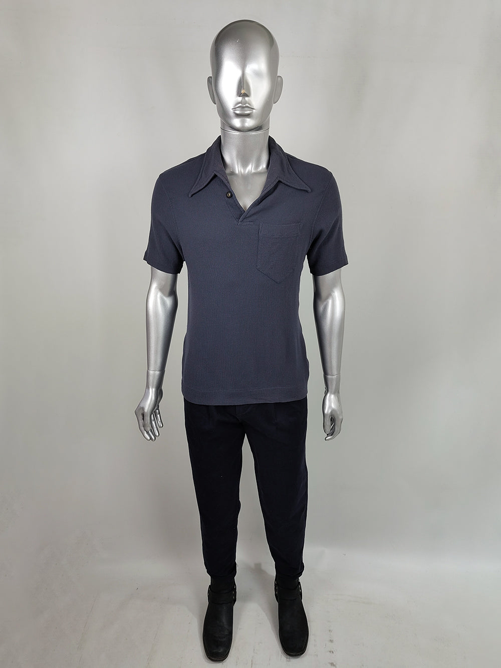 Joe Casely-Hayford Vintage Mens Greyish Navy Blue Knit Polo Top, 1990s