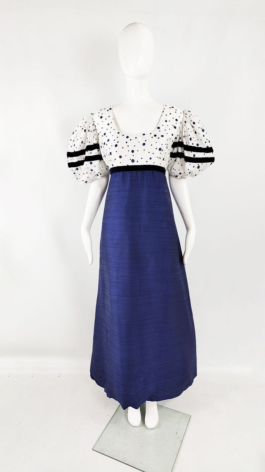Capriccio Vintage Womens Puff Sleeve Polka Dot Maxi Dress, 1970s