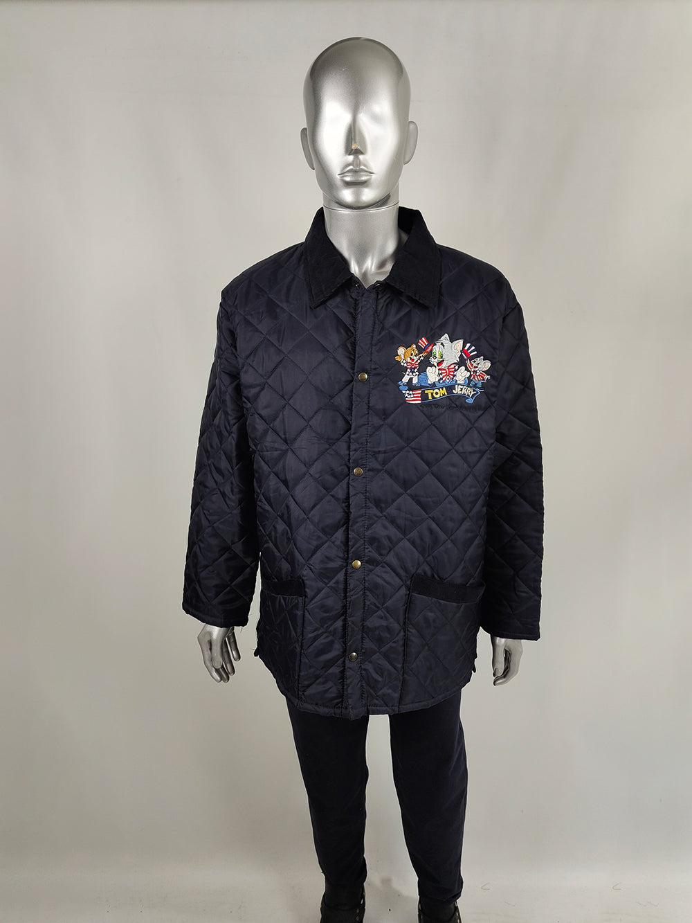 Vintage Mens Italian Tom & Jerry Navy Blue Quilted Coat, 1990s