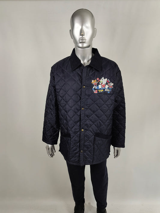 Vintage Mens Italian Tom & Jerry Navy Blue Quilted Coat, 1990s