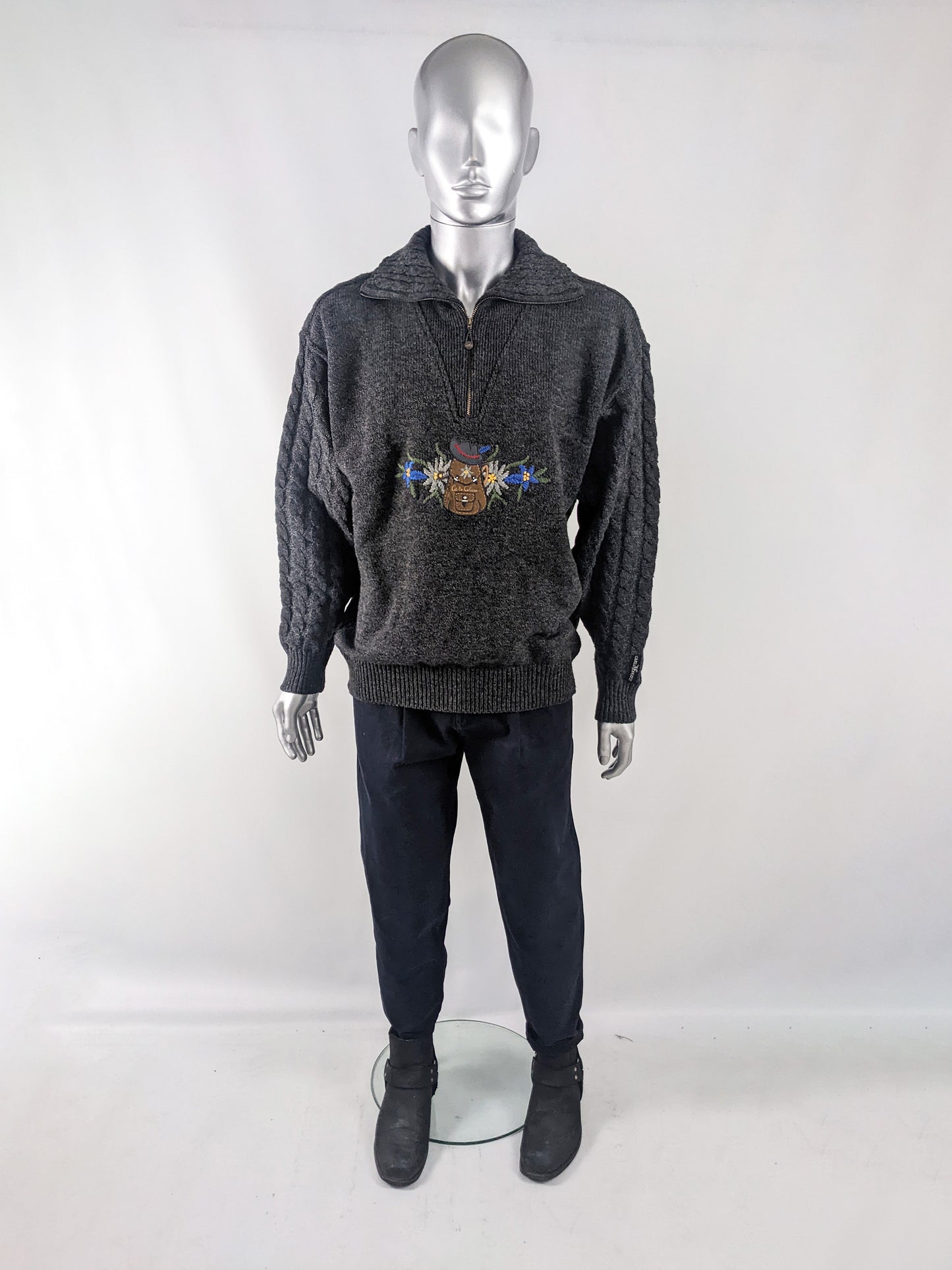 Carlo Colucci Vintage Mens Cable Knit & Embroidered Suede Sweater