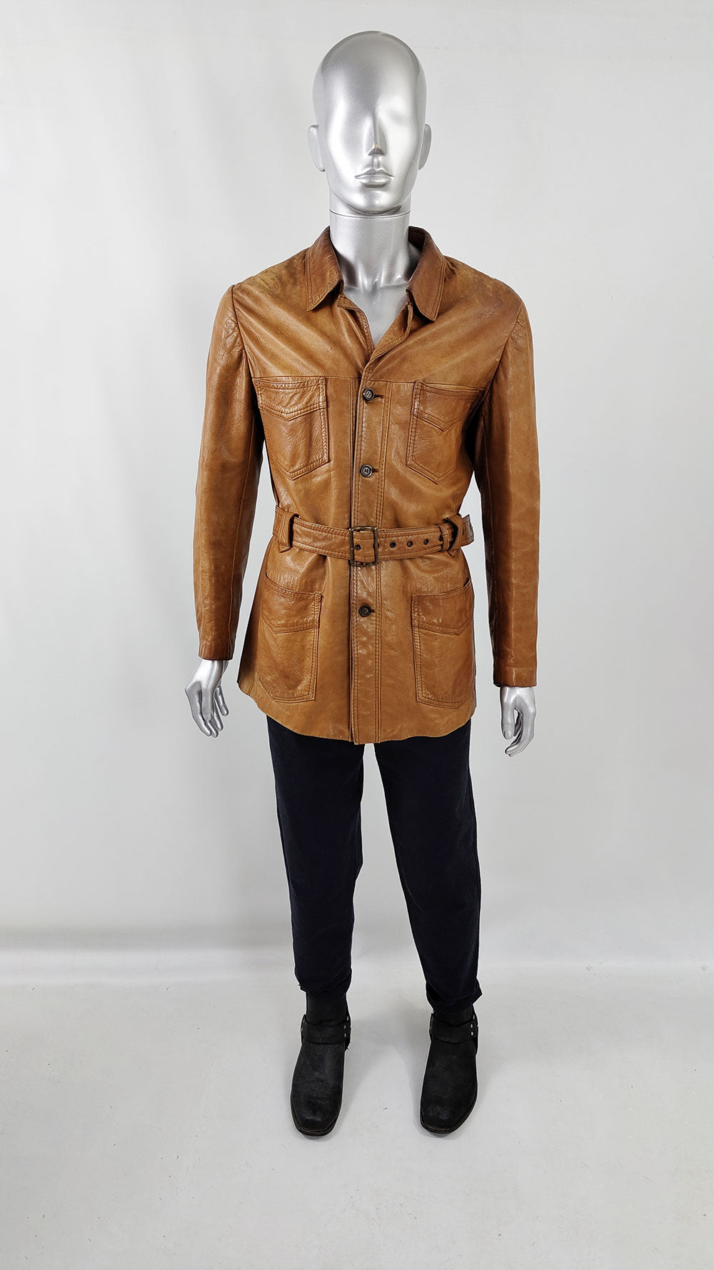 Genuine vintage brown / tan leather jacket with four patch pockets and a matching belt.