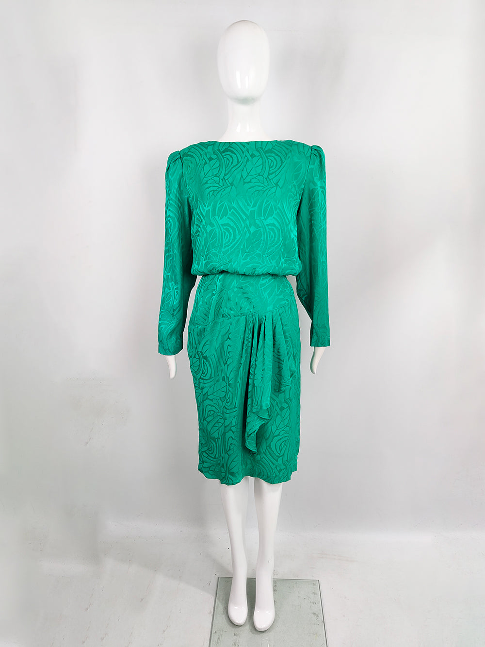 Oleg Cassini Vintage Pure Silk Satin Jacquard Green Blouson Dress, 1980s