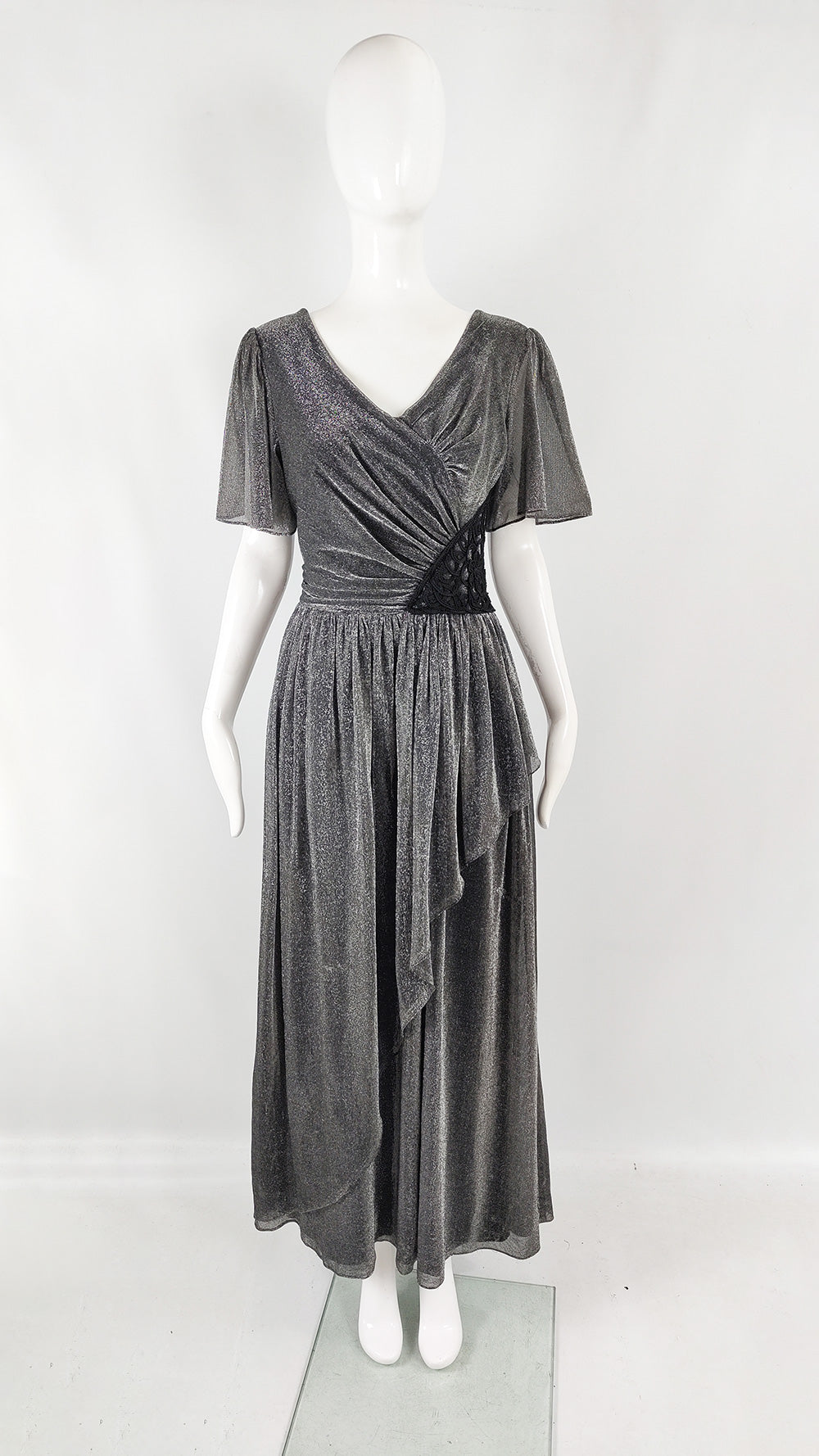 John Charles Vintage 70s Silver Lurex & Black Lace Evening Dress, 1970s