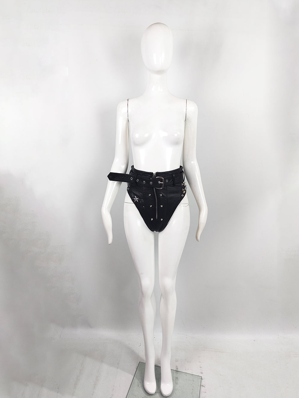 Katharine Hamnett Vintage Black Leather 'Clean Up or Die' Studded Hot Pants, 1990