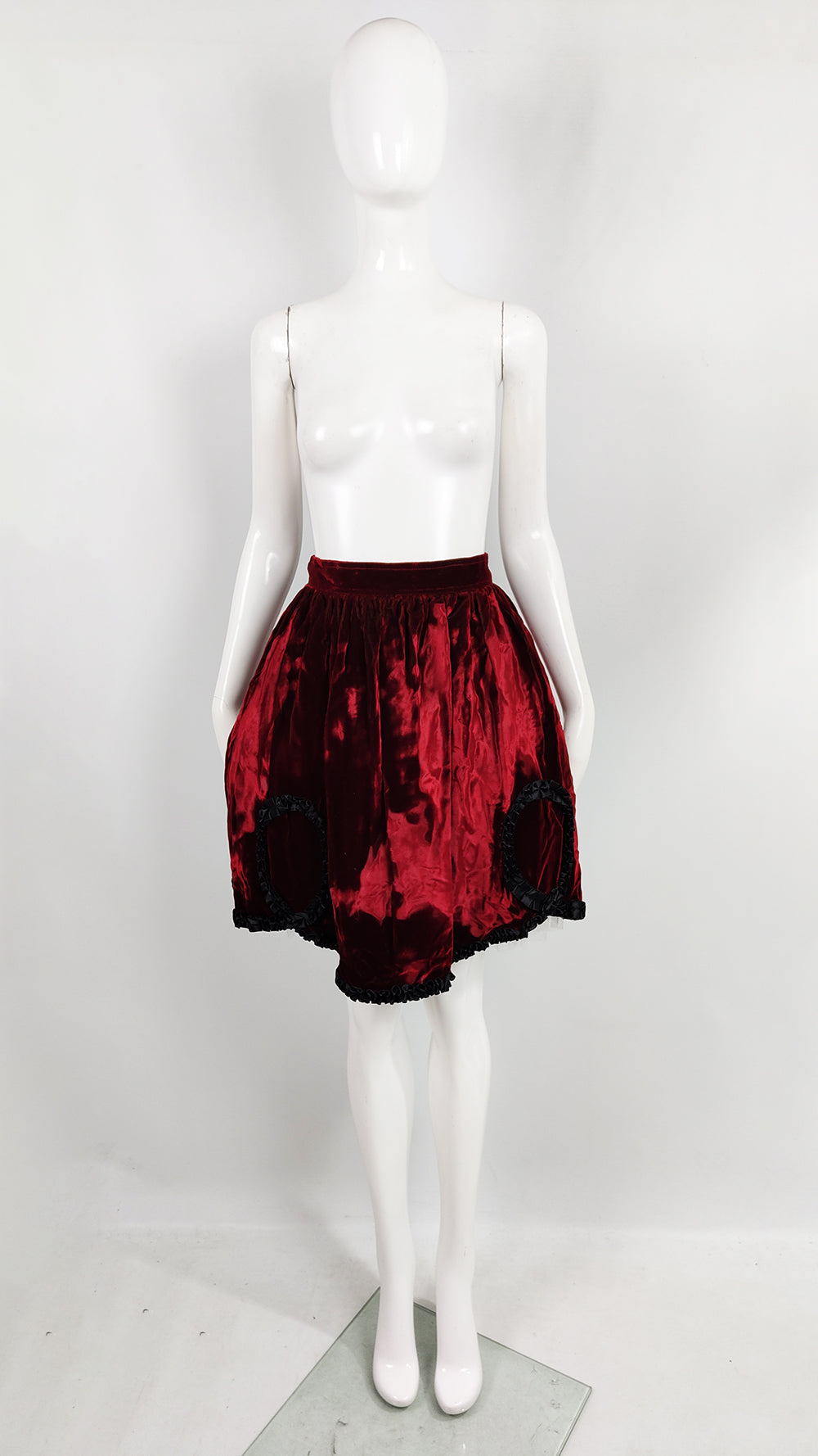 Helen Storey Vintage Deep Red Crushed Velvet Ribbon Trim Skirt, 1980s