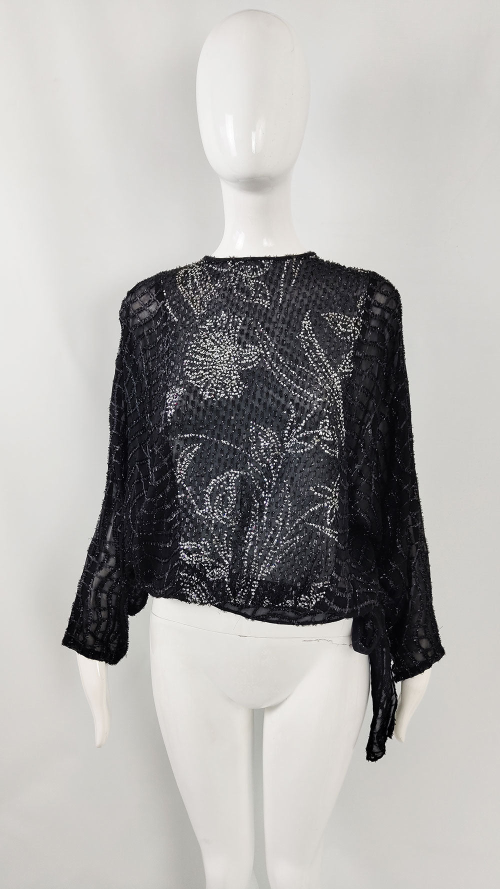 Trudie McCarthy Vintage Sheer Black Batwing Blouse, 1980s