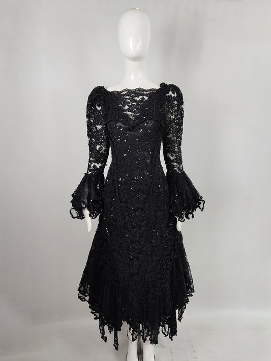 Carole Lee Vintage Black Lace Sequin Gothic Evening Ball Gown, 1980s