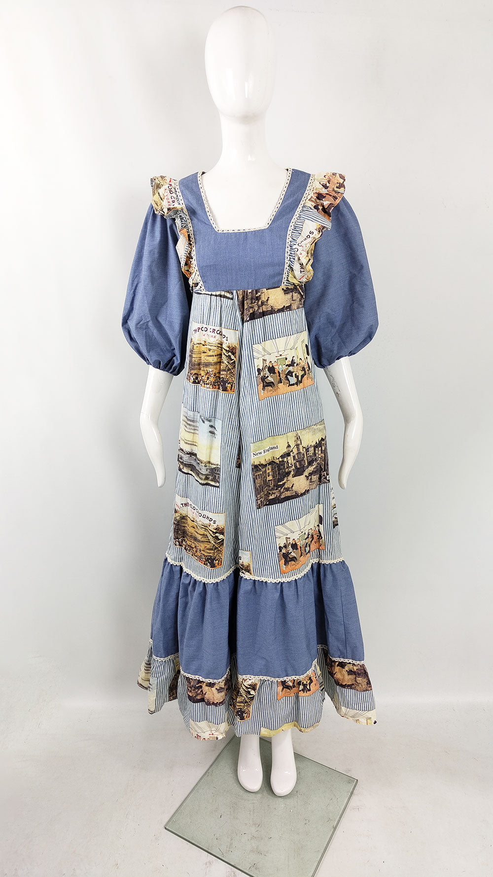Vintage 1970s Blue Puff Sleeve Cottagecore Maxi Dress
