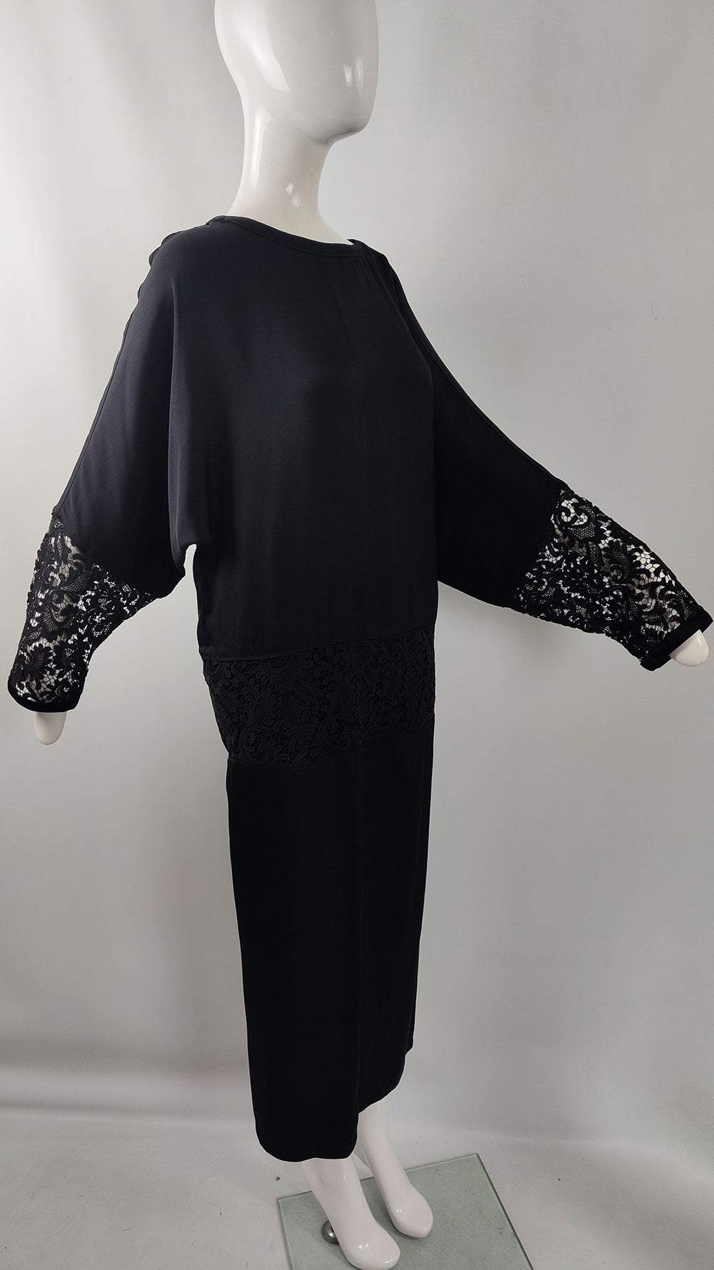 Gianni Versace Vintage Black Silk & Lace Batwing Dress, A/W 1985
