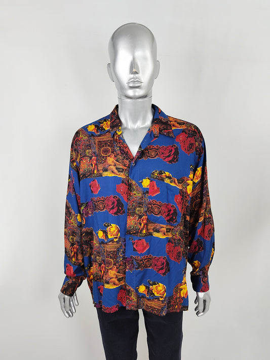 Zazzi Vintage Men's Blue Baroque Floral Viscose Shirt, 1990s