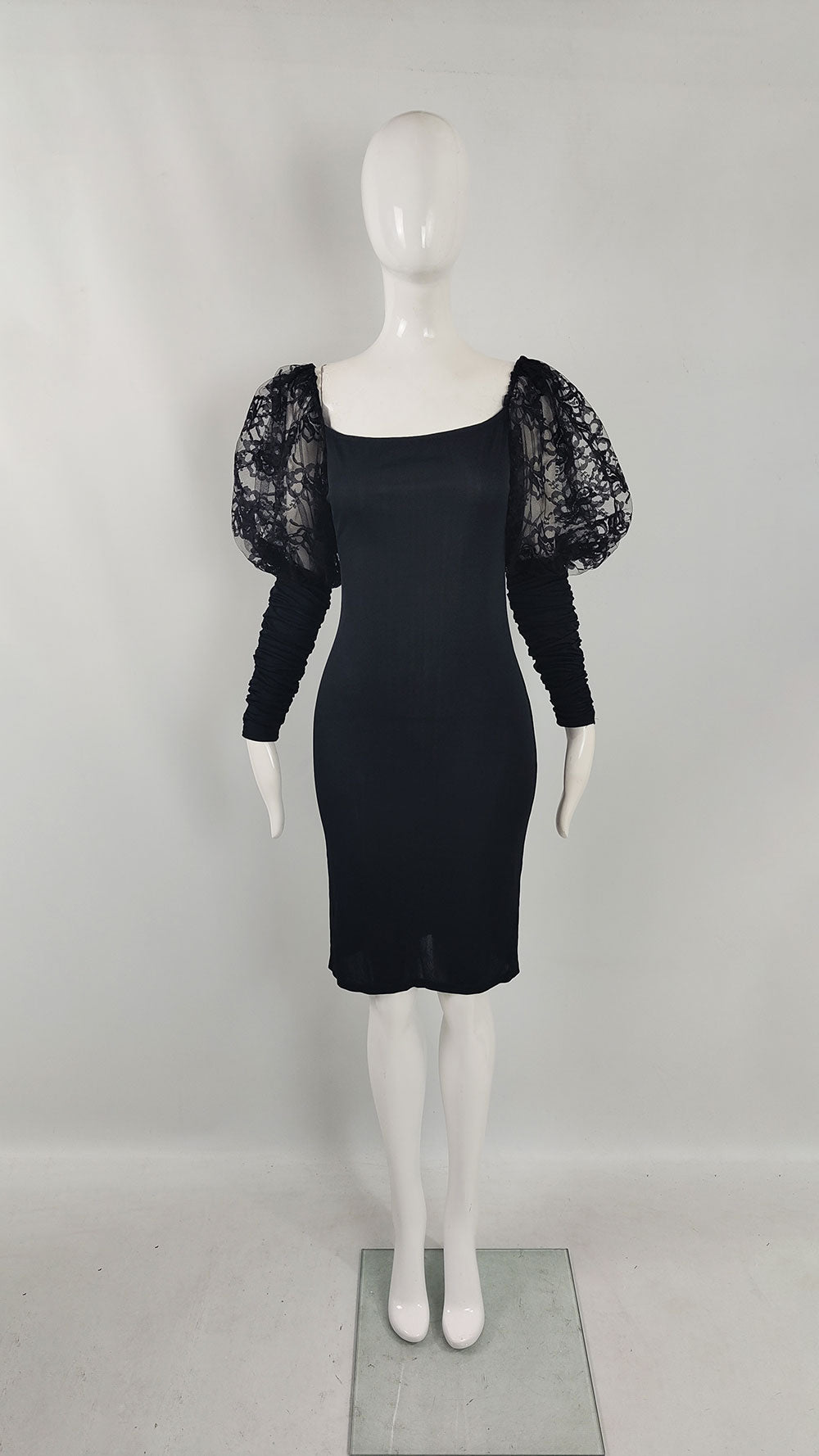 Roots of London Vintage Black Lace Puff Sleeve Dress, 1980s