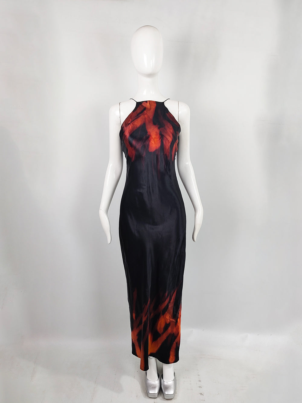 A vintage black satin bias cut evening gown with an acid treated flame print by Anthea Mooney