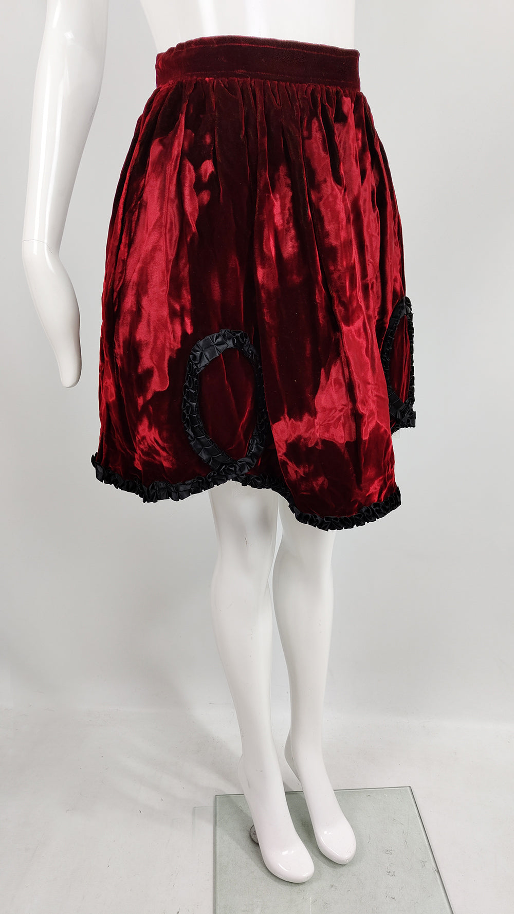 Helen Storey Vintage Deep Red Crushed Velvet Ribbon Trim Skirt, 1980s