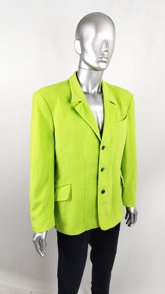 A Thierry Mugler vintage mens highlighter green futuristic panelled blazer jacket with pointed lapels.
