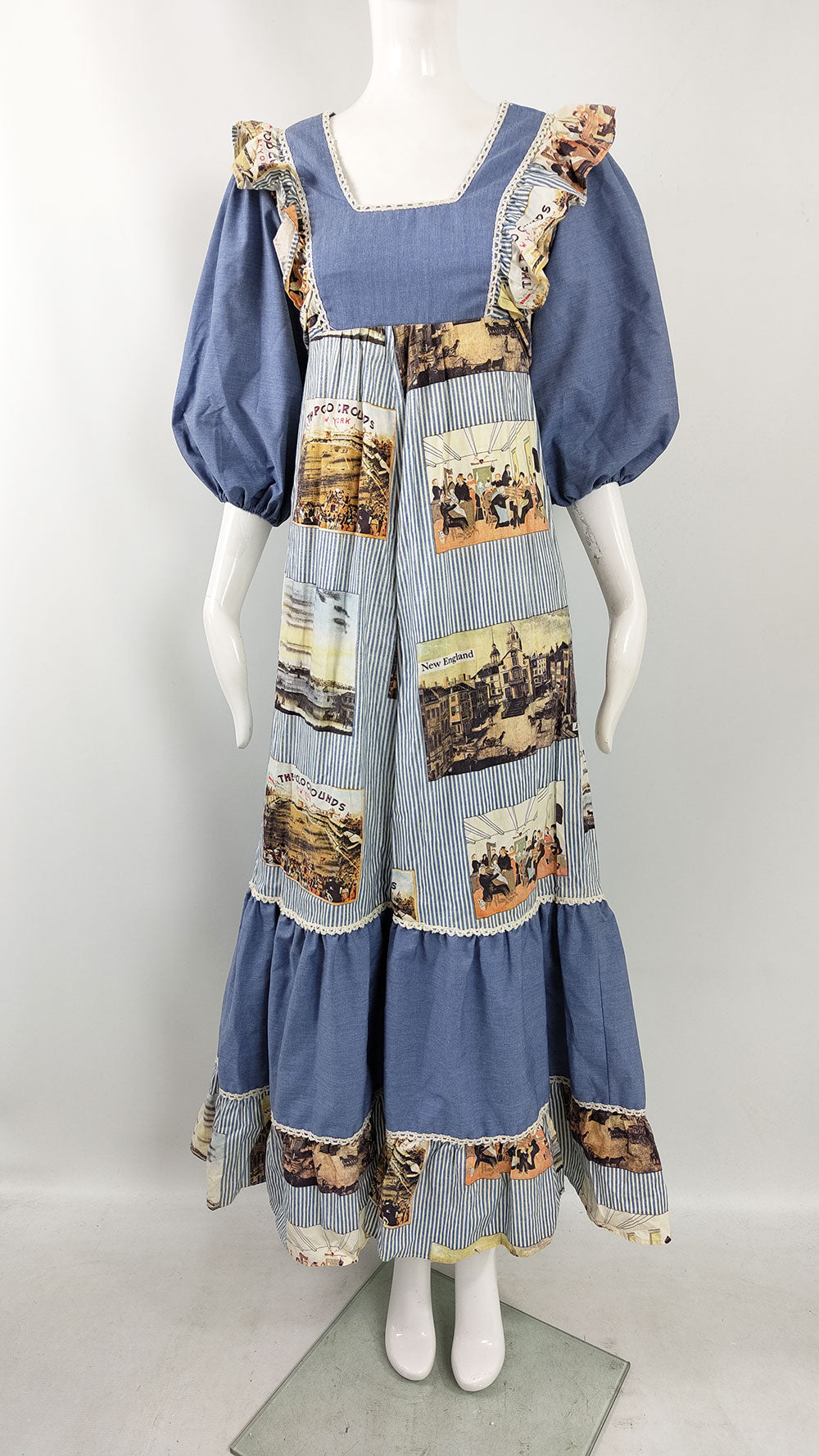 Vintage 1970s Blue Puff Sleeve Cottagecore Maxi Dress