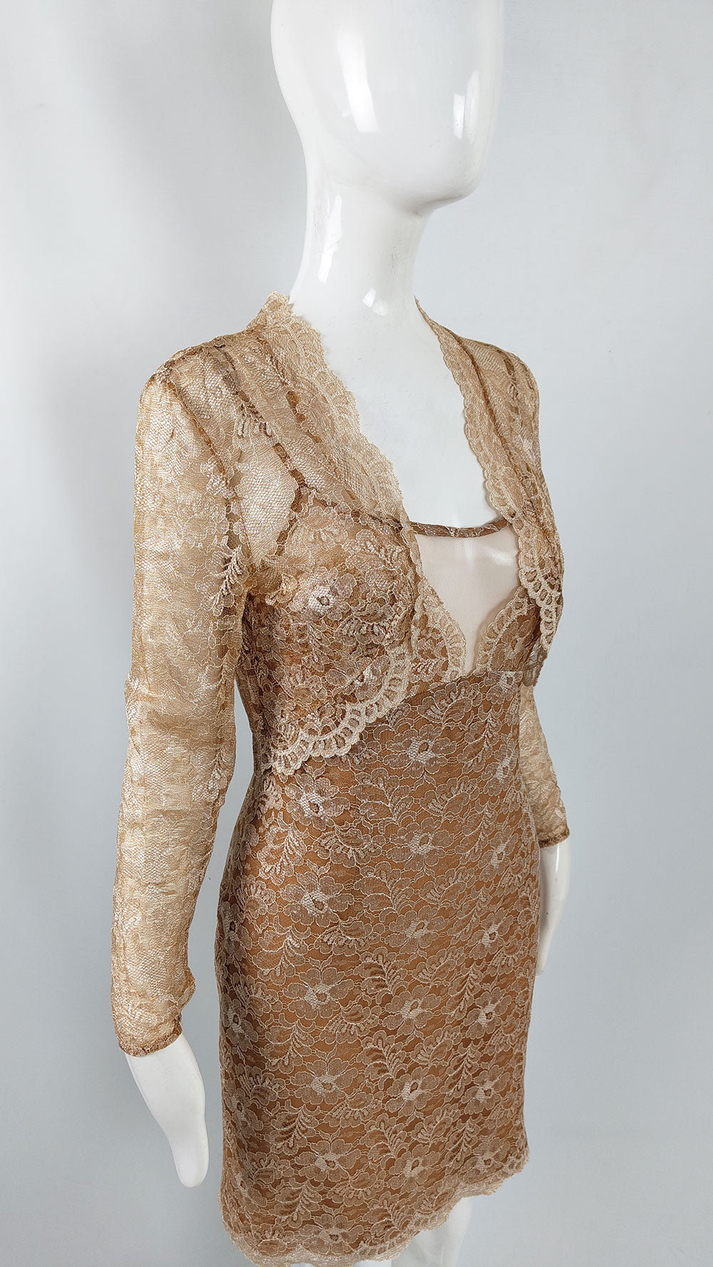 Jiki of Monte Carlo Vintage Sexy Tan Lace Dress & Shrug Ensemble