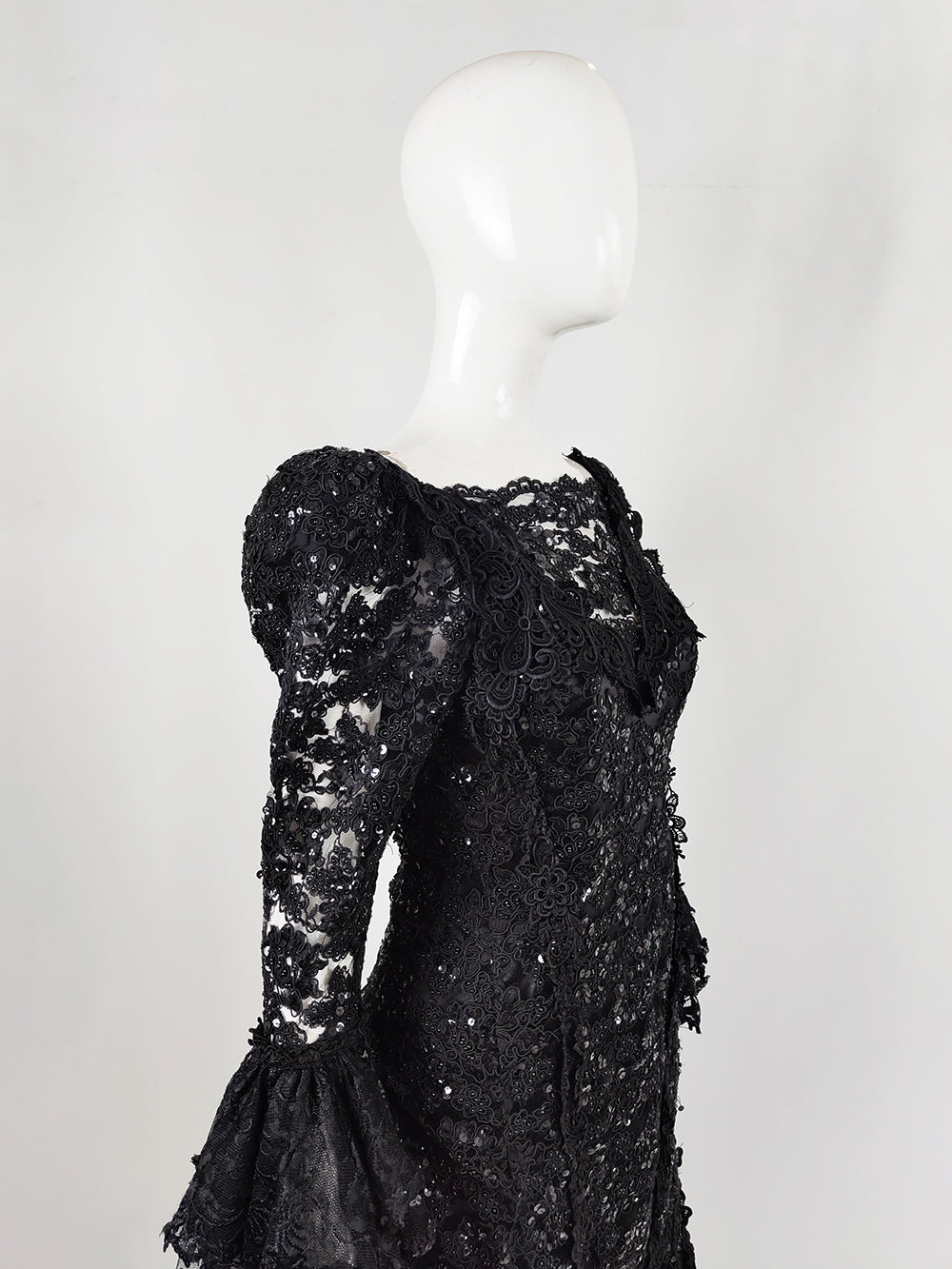 Carole Lee Vintage Black Lace Sequin Gothic Evening Ball Gown, 1980s