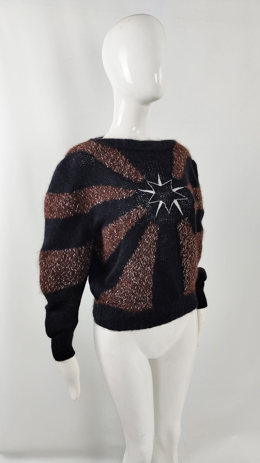 Thierry Mugler Vintage Black & Brown Womens Angora Sweater, Late 1970s