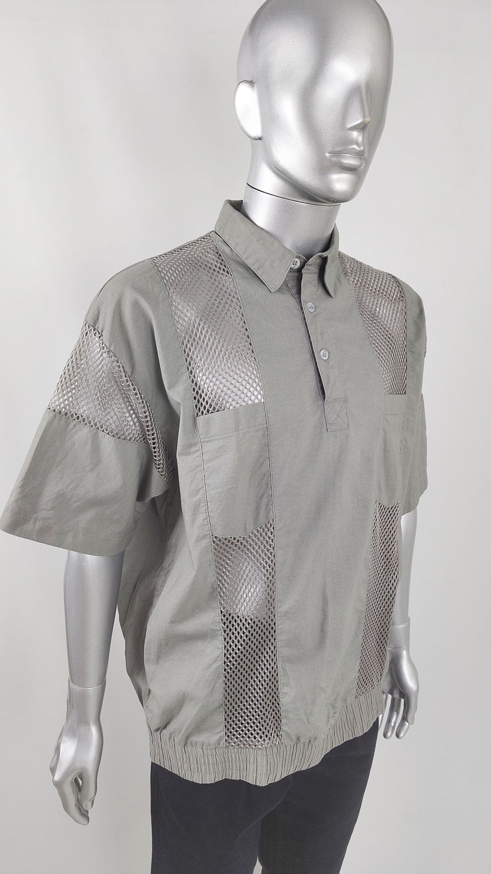 Vintage Mens Grey Sheer Mesh Panel Short Sleeve Shirt