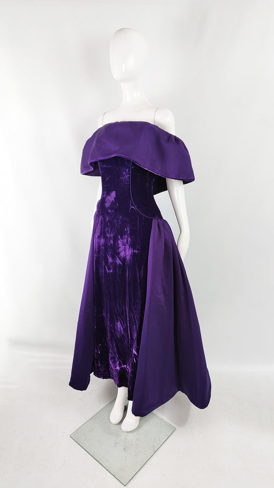 A fantastic vintage Victor Costa purple evening gown on a female mannequin, set against a grey backgound.