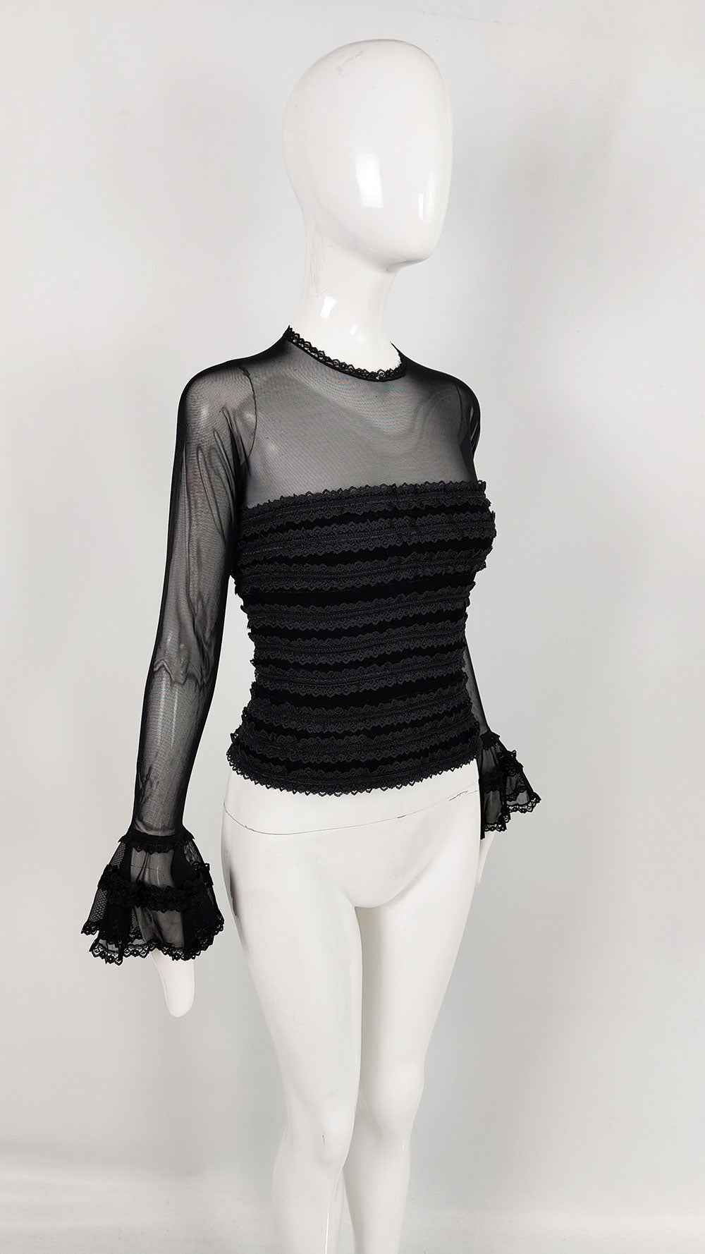Tadashi Shoji Vintage Mesh Sleeve Black Evening Top 1980s
