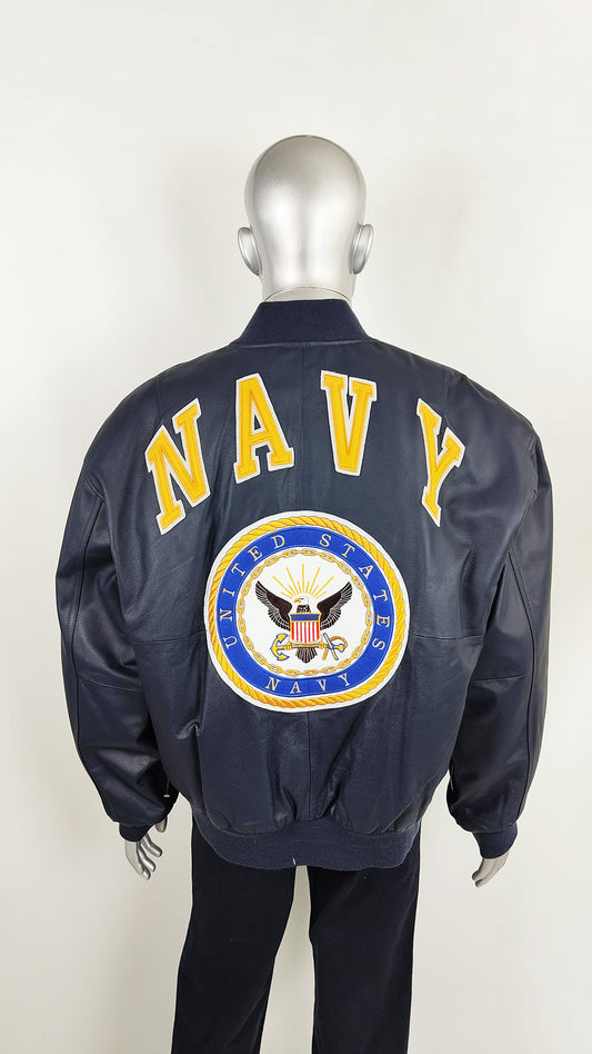 1980s Vintage Michael Hoban Leather Jacket with Embroidered US Navy patch on the Back.
