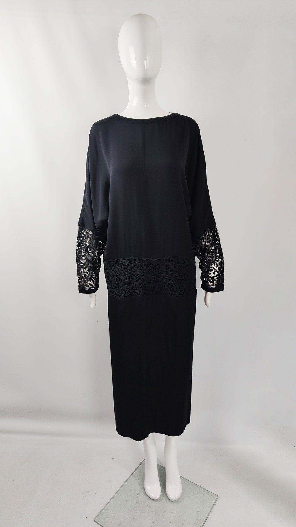 Gianni Versace Vintage Black Silk & Lace Batwing Dress, A/W 1985