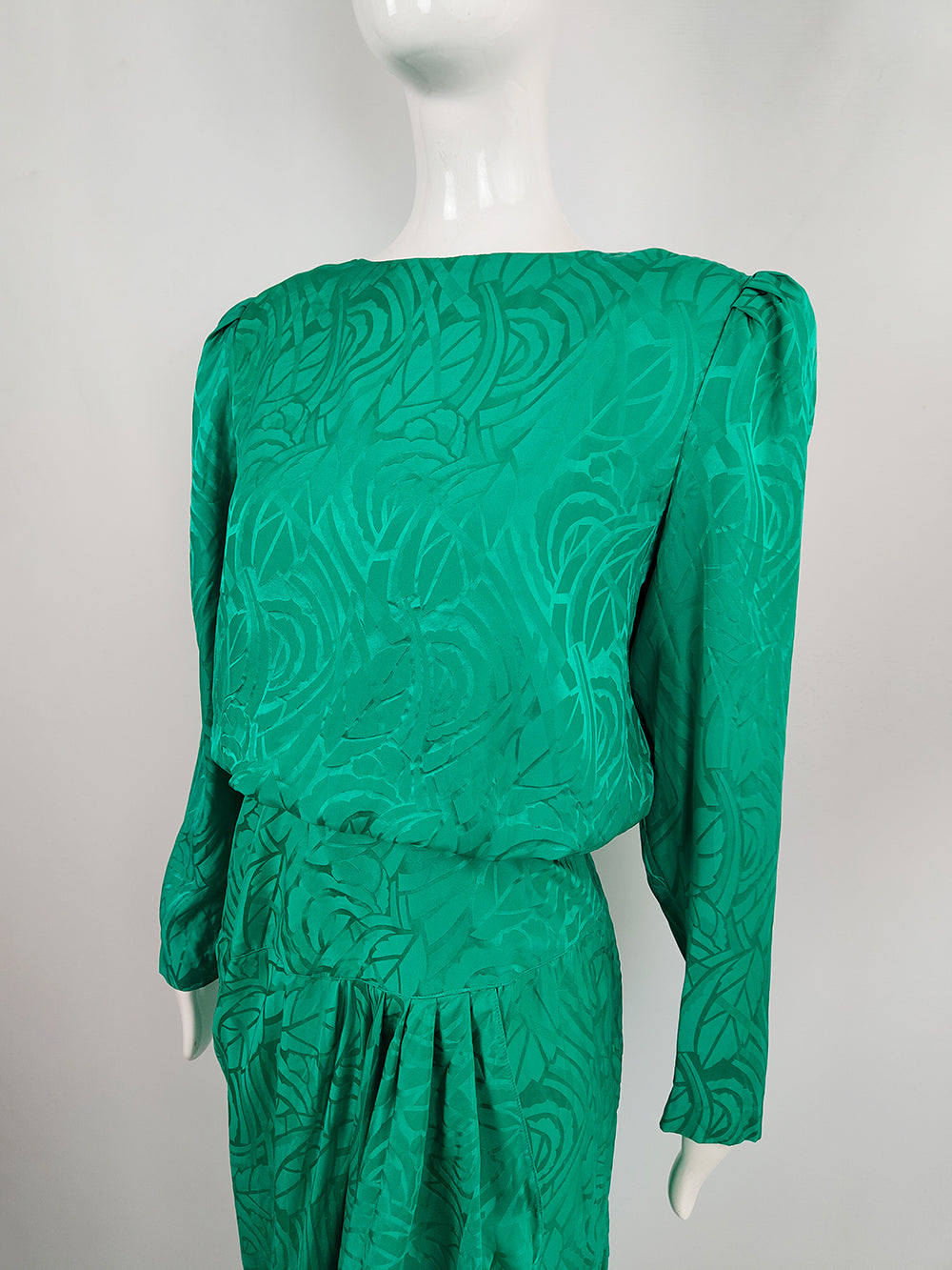 Oleg Cassini Vintage Pure Silk Satin Jacquard Green Blouson Dress, 1980s
