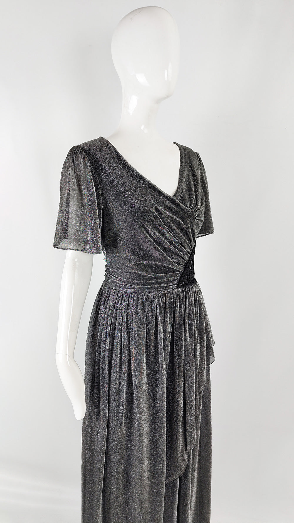 John Charles Vintage 70s Silver Lurex & Black Lace Evening Dress, 1970s