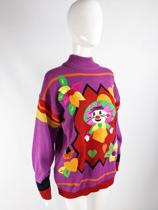 Vintage Womens Purple Mexican Mouse Satin Appliqué Sweater, 1980s