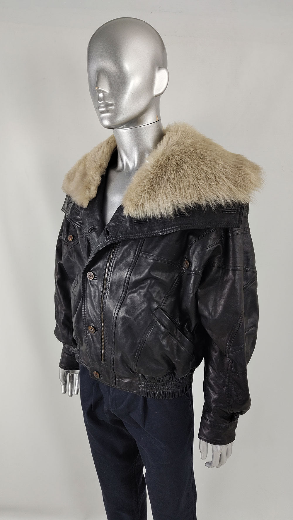 Vintage Mens Cecil Gee Leather & Faux Fur Coat, 1980s