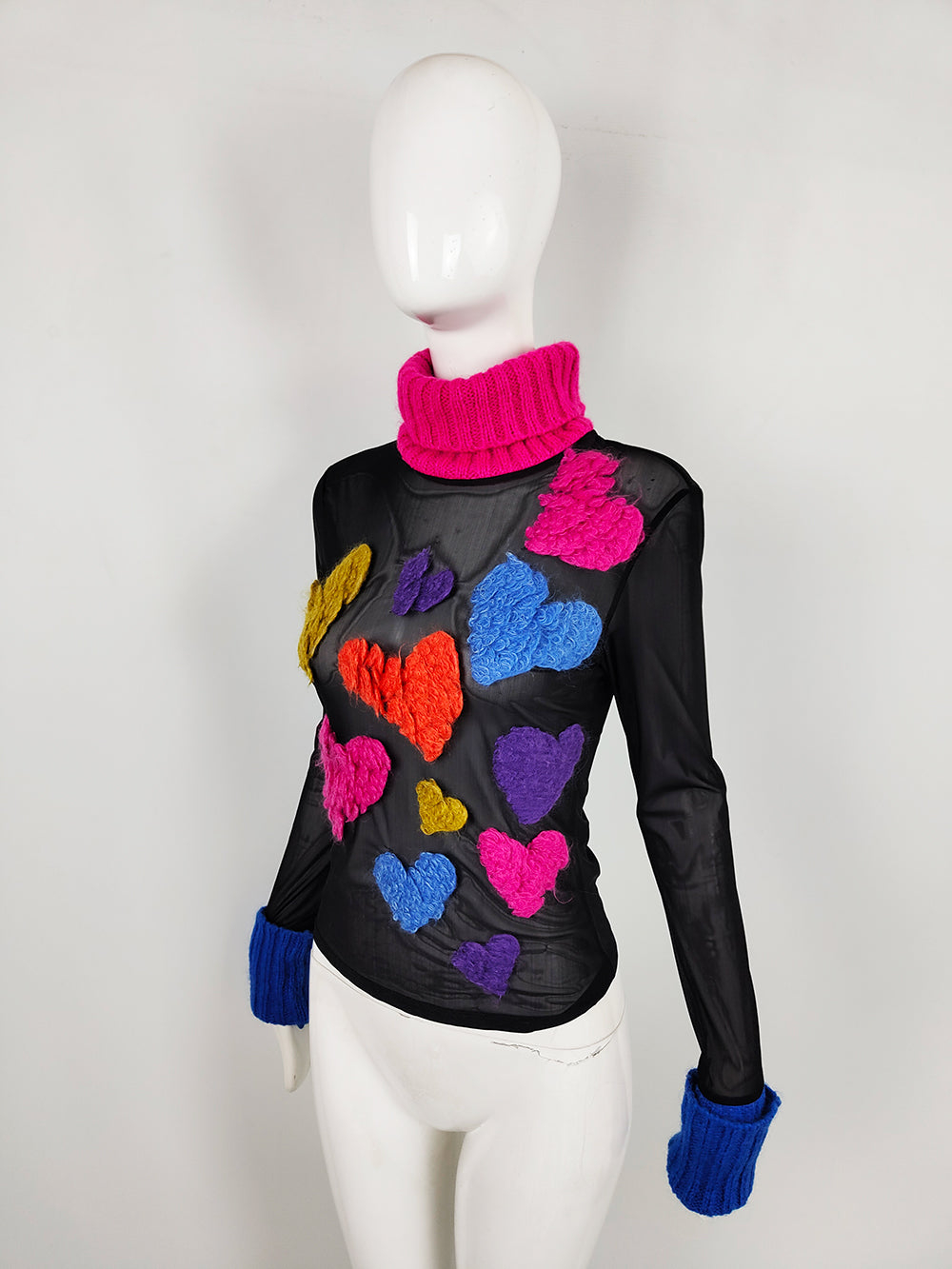 Vintage Gai Mattiolo long sleeve 2000s Mesh Top with love heart patches.
