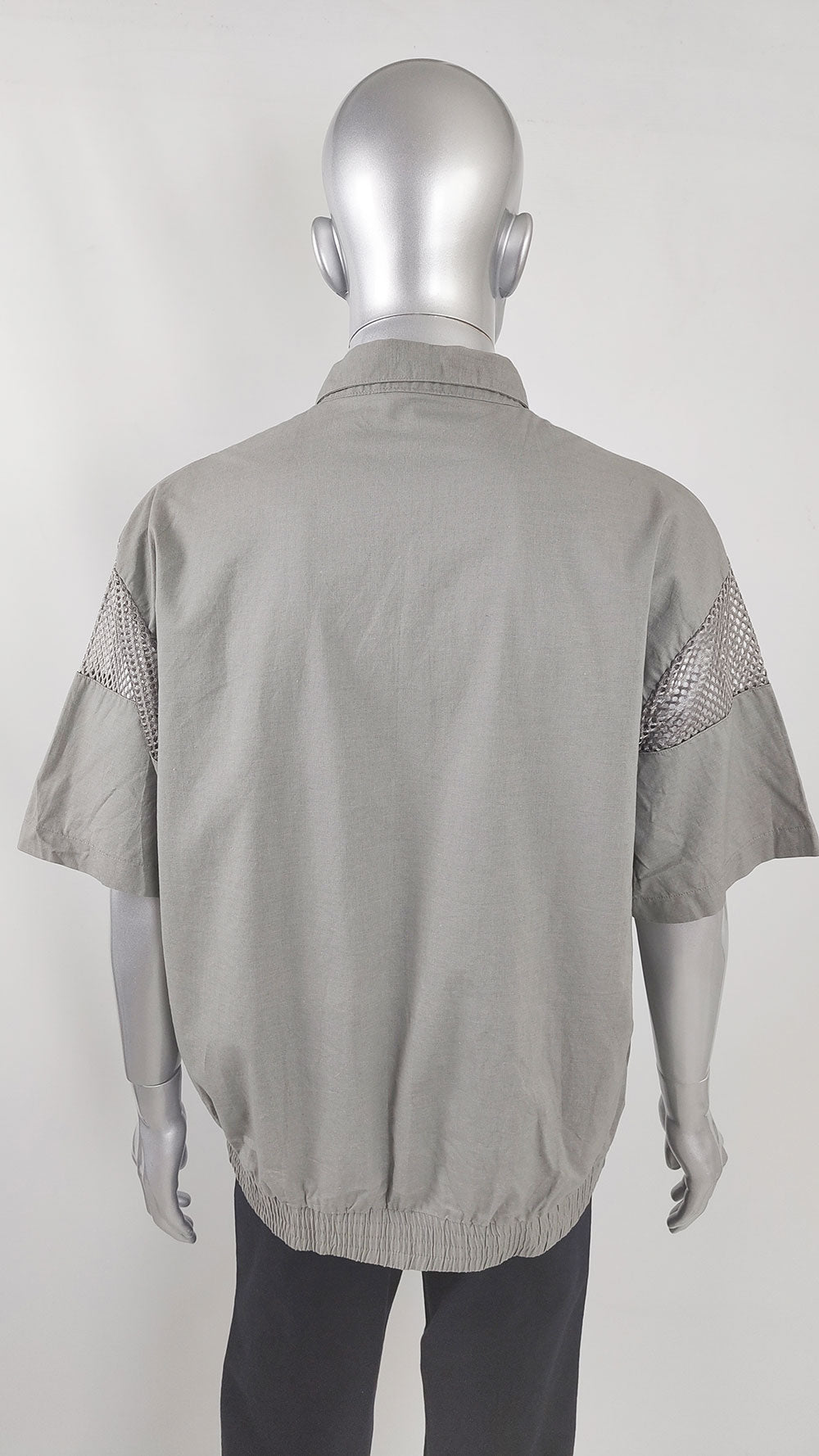 Vintage Mens Grey Sheer Mesh Panel Short Sleeve Shirt