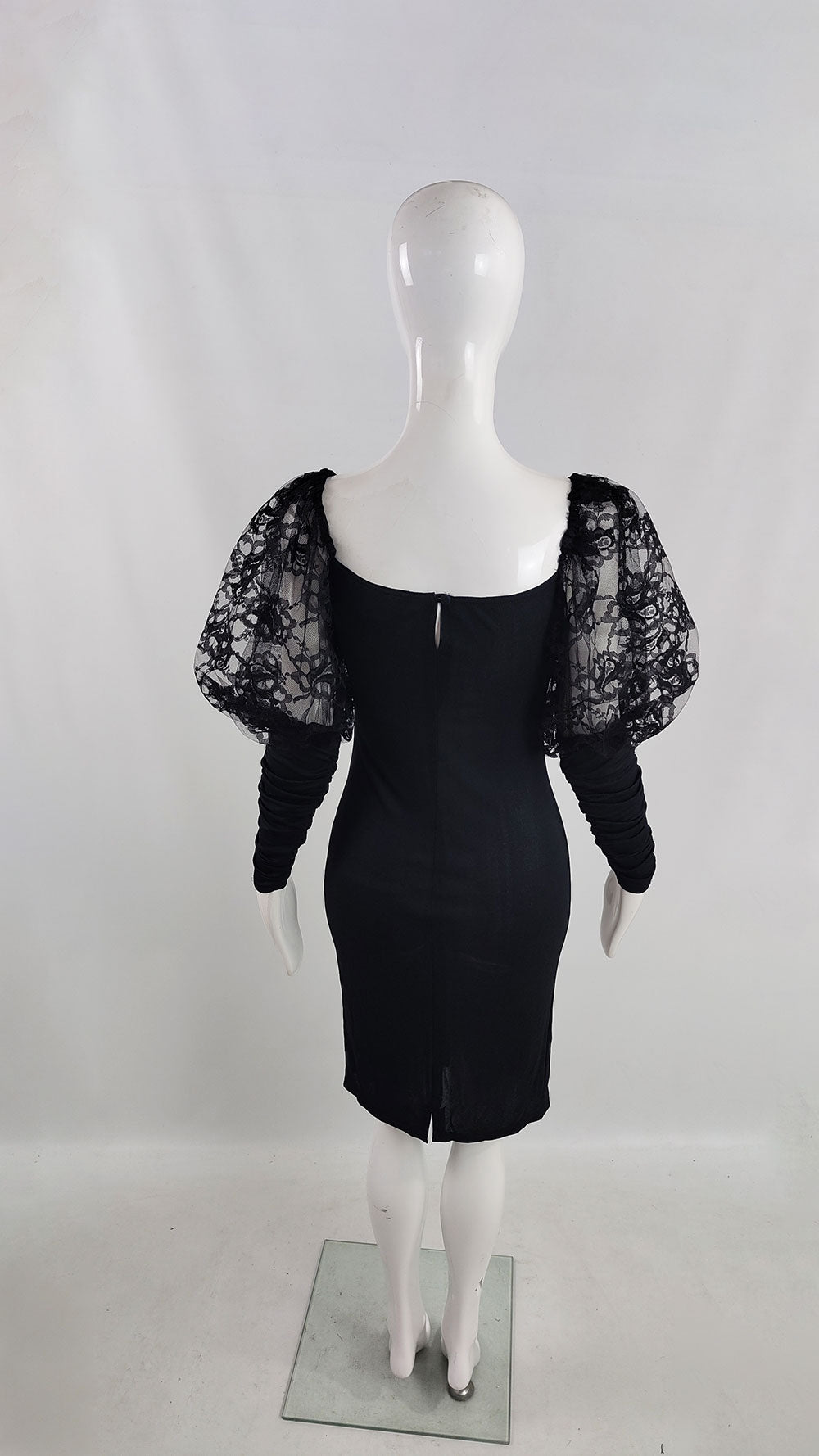 Roots of London Vintage Black Lace Puff Sleeve Dress, 1980s