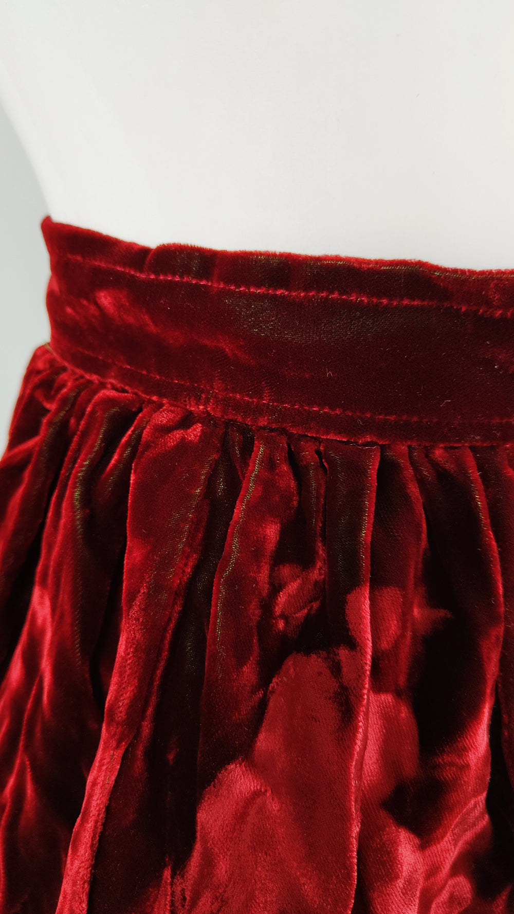Helen Storey Vintage Deep Red Crushed Velvet Ribbon Trim Skirt, 1980s