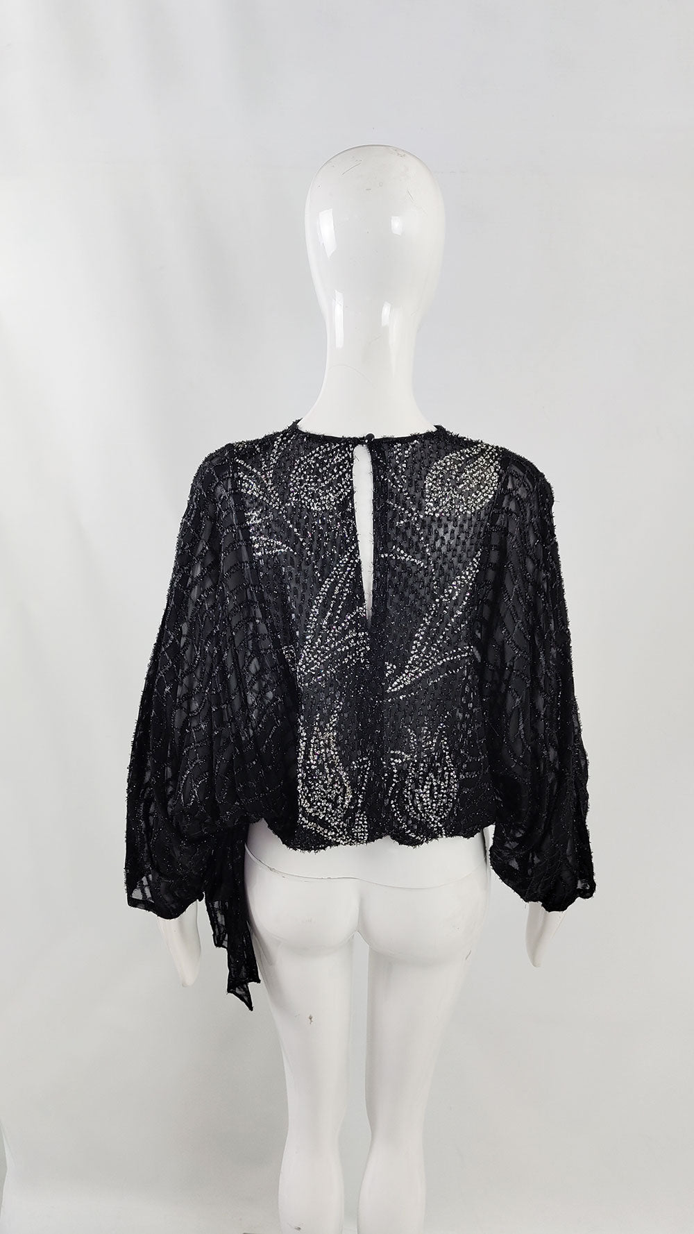 Trudie McCarthy Vintage Sheer Black Batwing Blouse, 1980s