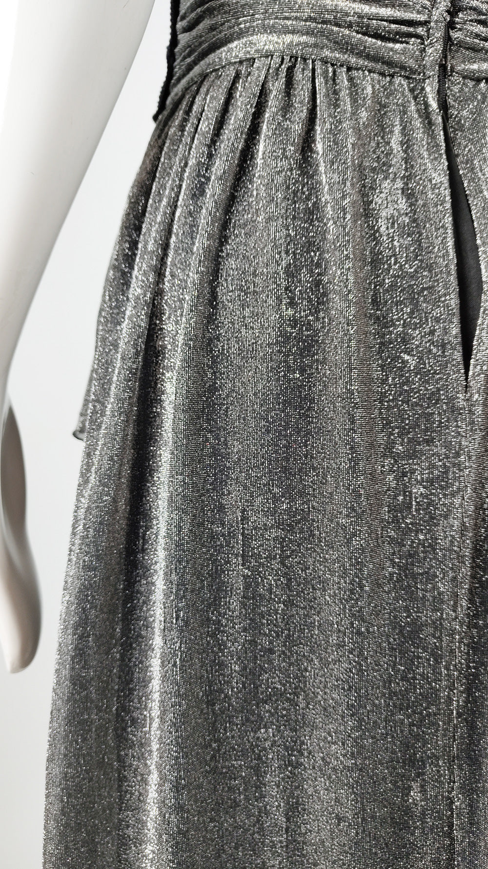 John Charles Vintage 70s Silver Lurex & Black Lace Evening Dress, 1970s