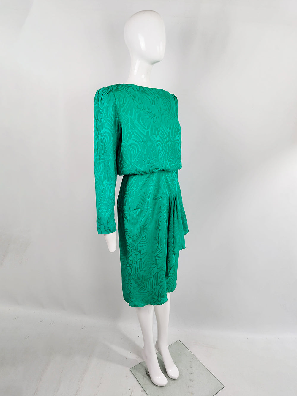 Oleg Cassini Vintage Pure Silk Satin Jacquard Green Blouson Dress, 1980s