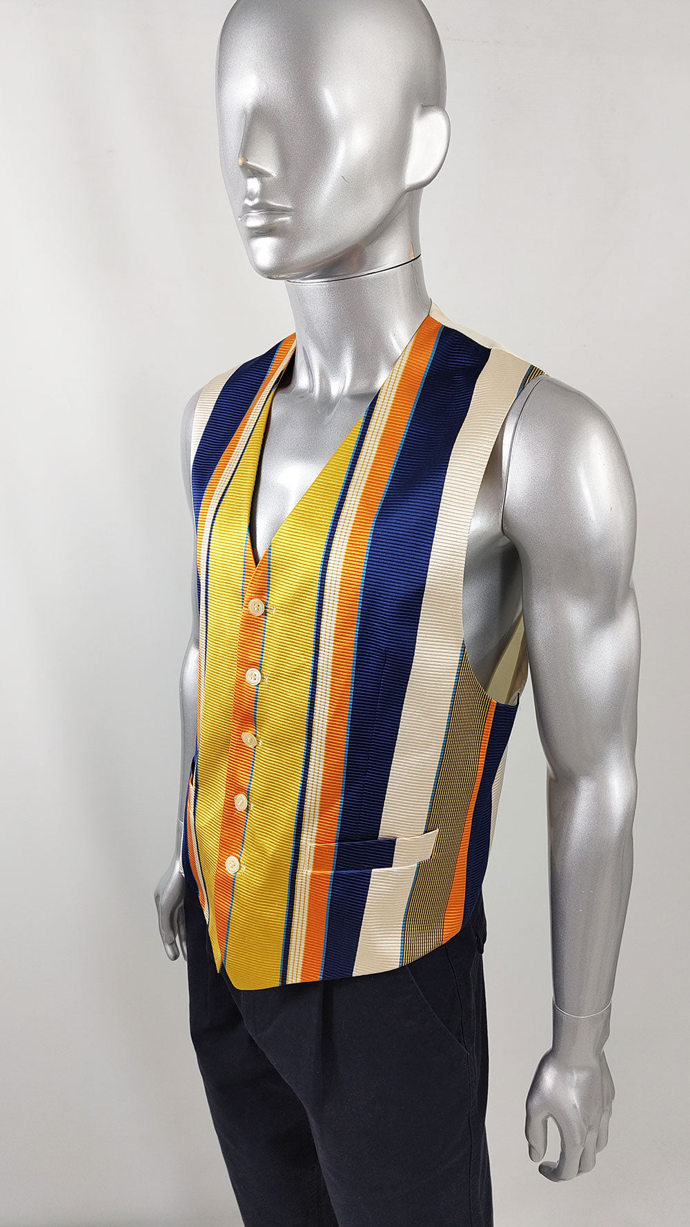 Kenzo Vintage Mens Orange & Blue Striped Silk Waistcoat