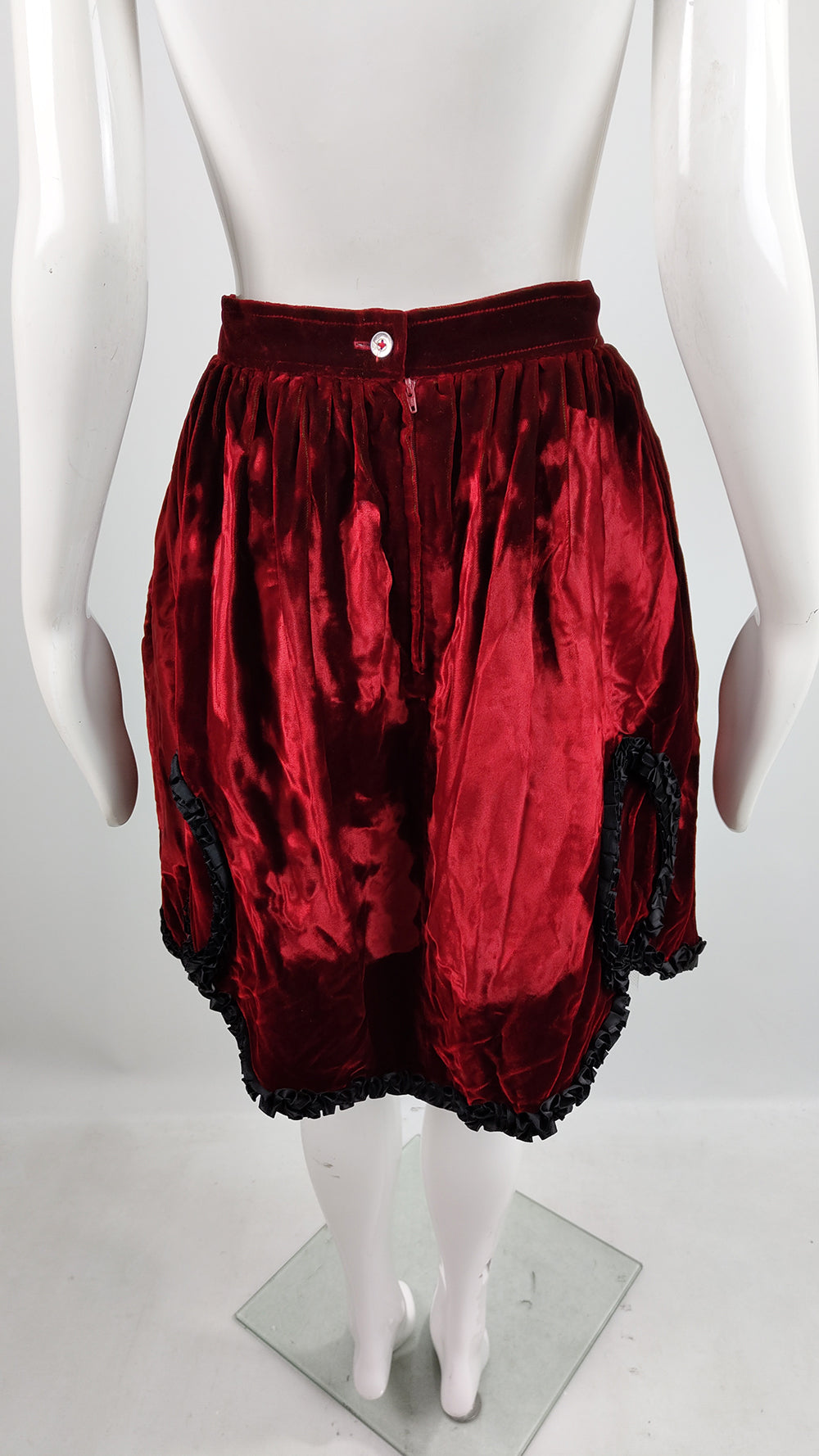 Helen Storey Vintage Deep Red Crushed Velvet Ribbon Trim Skirt, 1980s