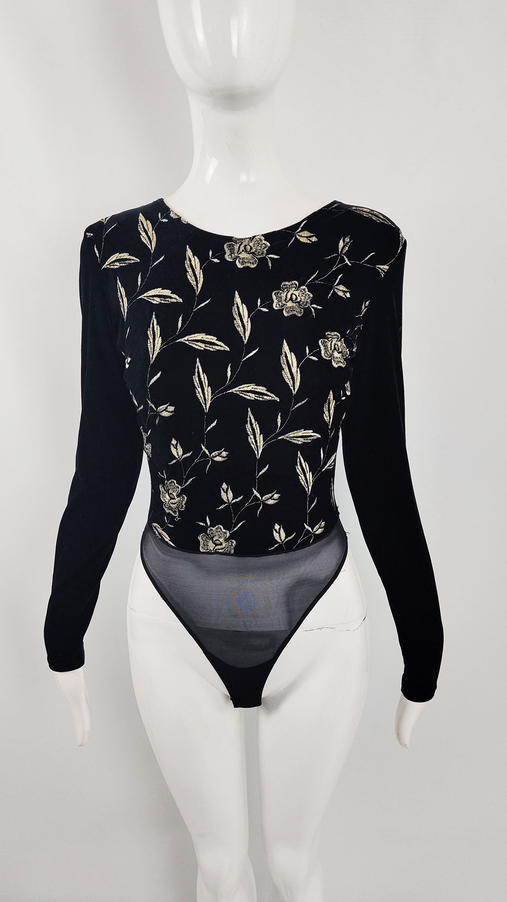 Sagaie Paris Black Velour Embroidered Bodysuit