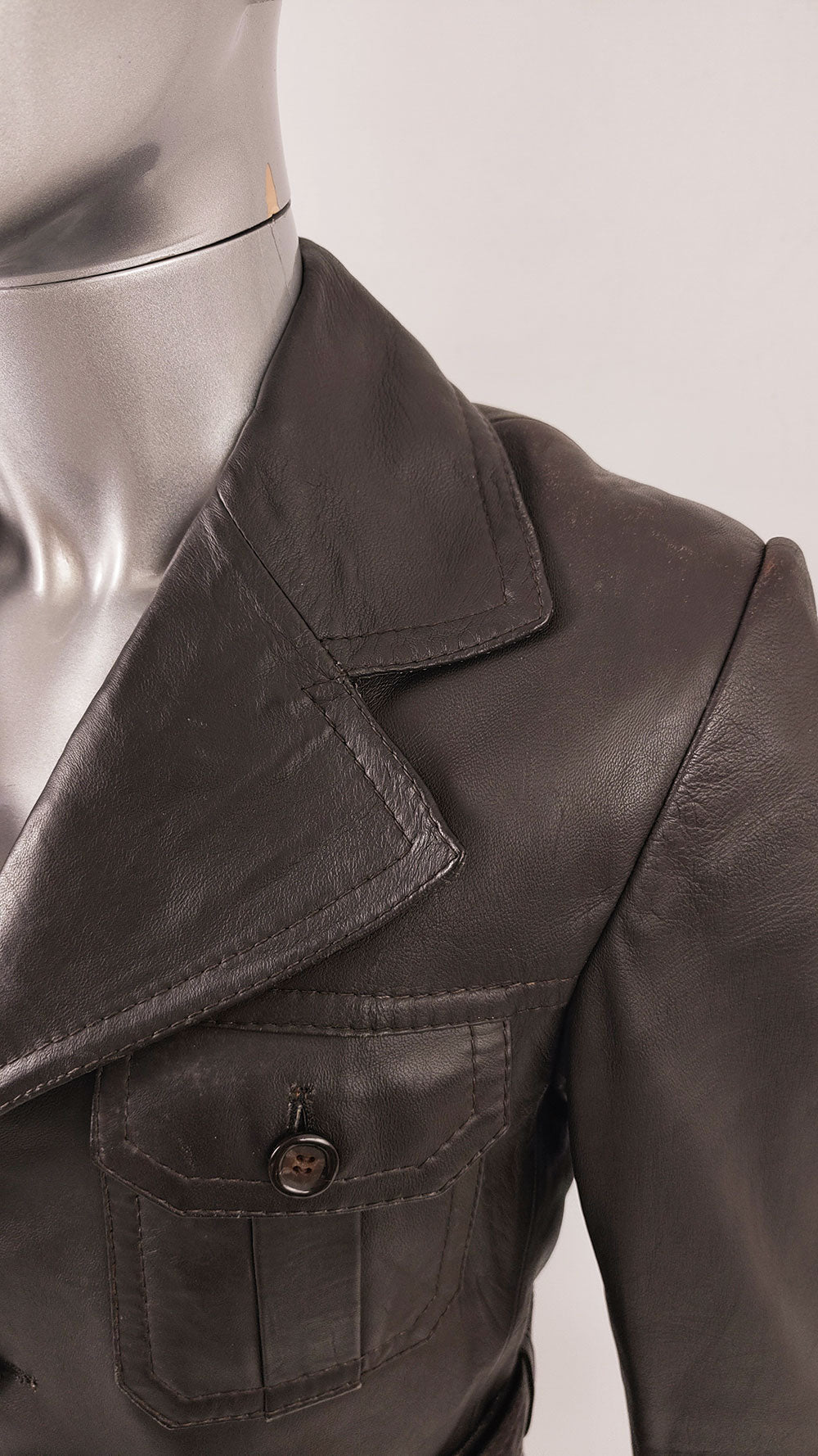 Mens Vintage Brown Leather Belted Jacket, 1970s