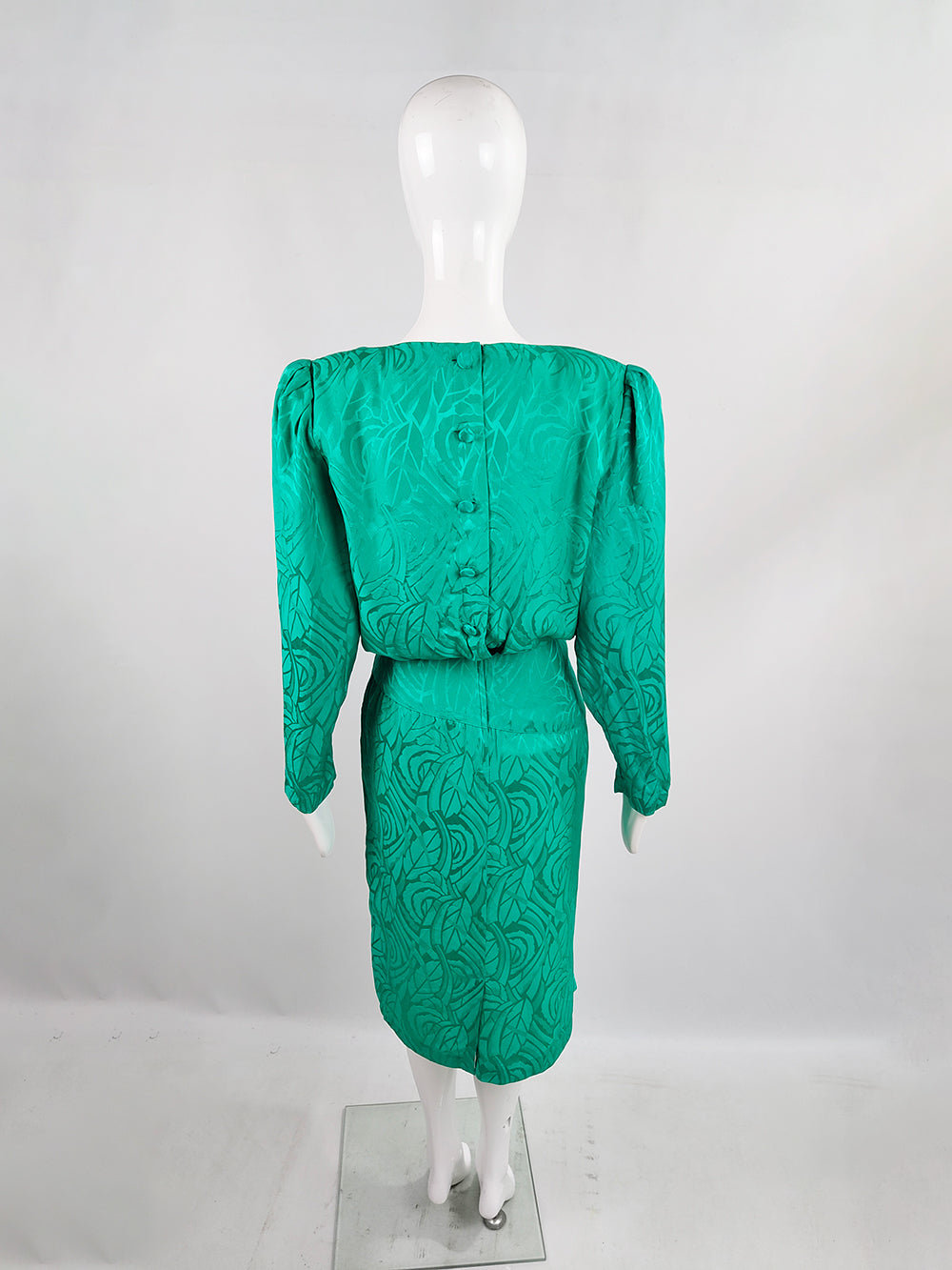 Oleg Cassini Vintage Pure Silk Satin Jacquard Green Blouson Dress, 1980s