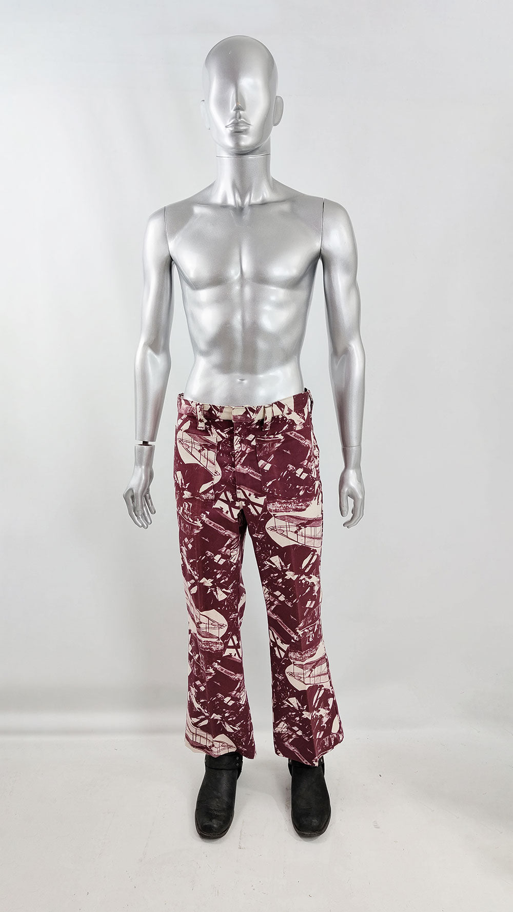 Mens Vintage 1970s American History Pattern Flares Pants