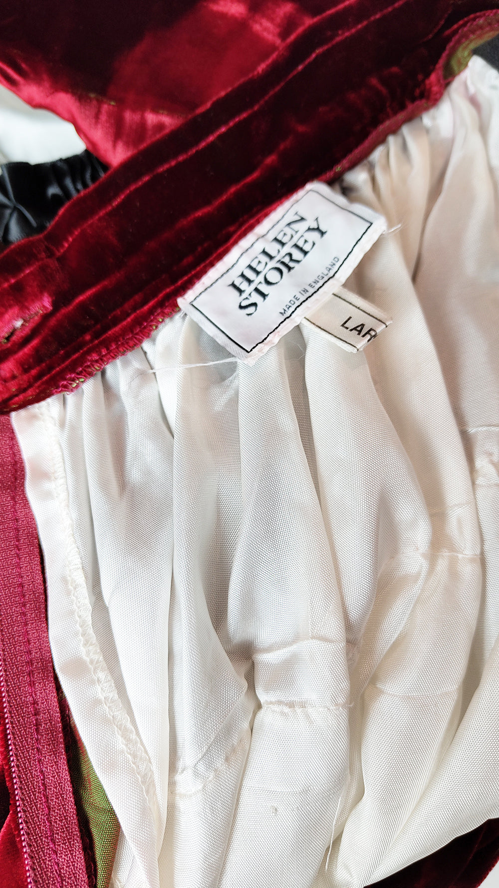 Helen Storey Vintage Deep Red Crushed Velvet Ribbon Trim Skirt, 1980s