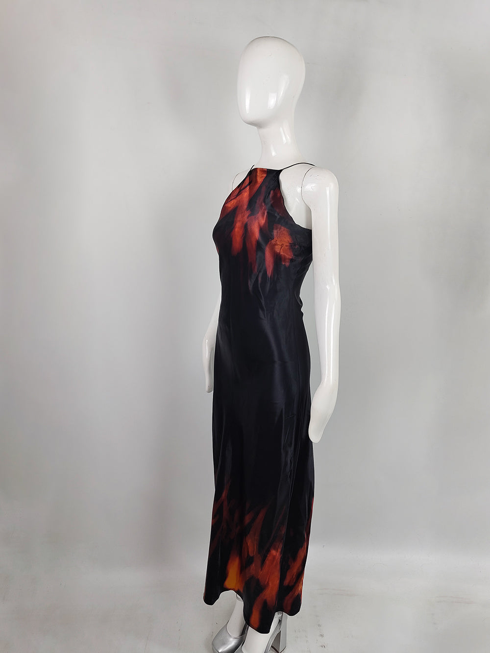 Anthea Mooney Vintage Flame Print Acid Treated Satin Slip Dress, 1980s