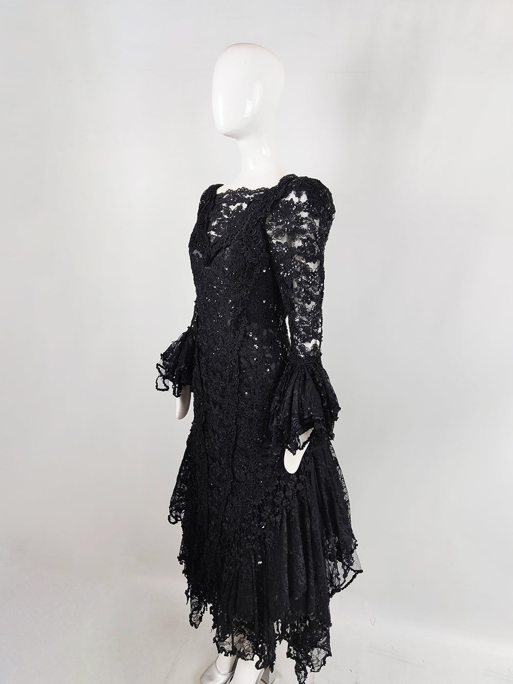 Carole Lee Vintage Black Lace Sequin Gothic Evening Ball Gown, 1980s