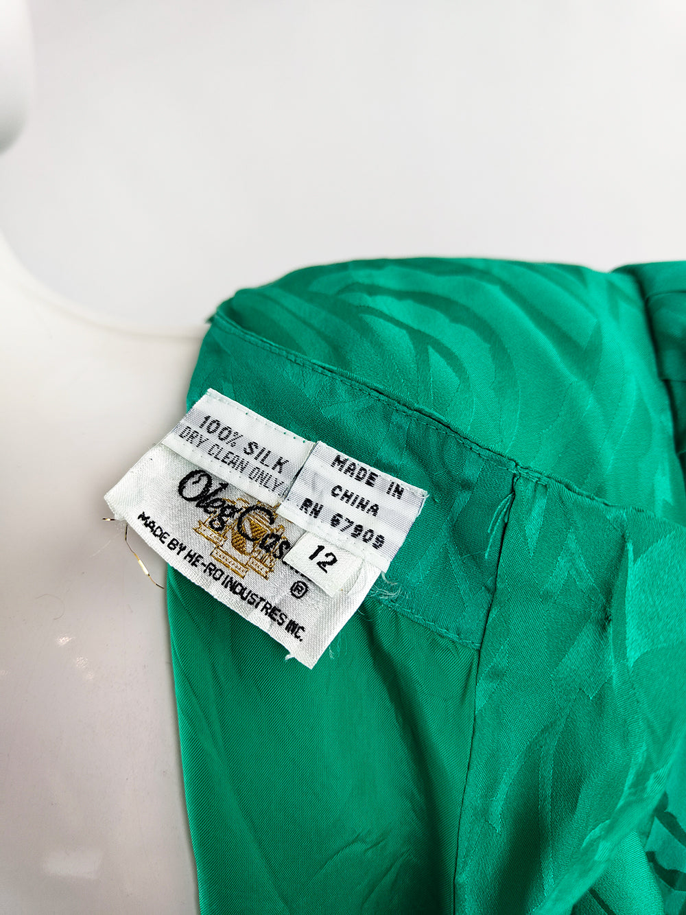 Oleg Cassini Vintage Pure Silk Satin Jacquard Green Blouson Dress, 1980s